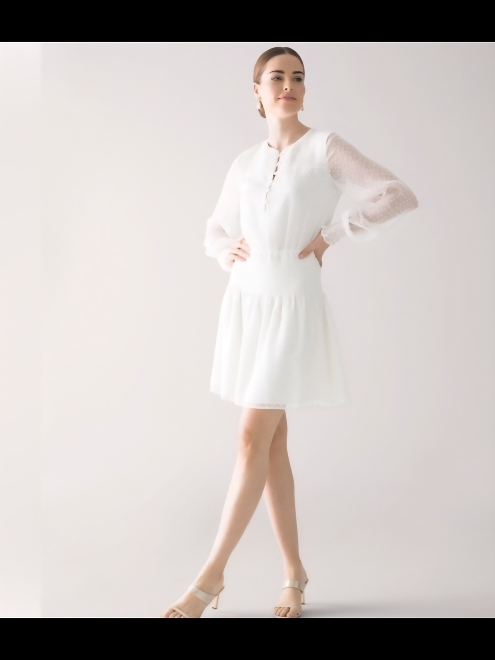 White House Black Market White Mini Dress with Sheer Puff Sleeves